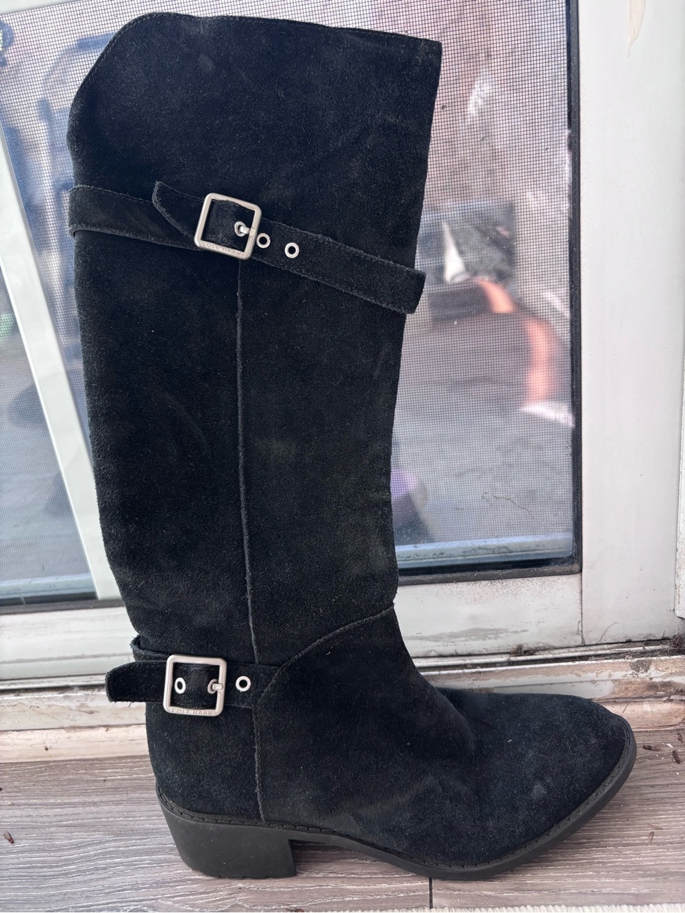 Weatherproof Black Suede Mid-Calf Buckle Heeled Boots